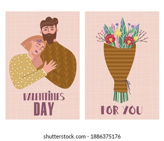 
Set of cute greeting cards for valentine's day. A loving couple hugs. Vector illustration.