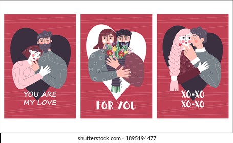 
Set of cute greeting cards for valentine's day with couples in love. Vector illustration.