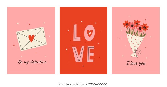 Set of cute greeting cards for Valentine's Day. Vector illustrations with festive decorative elements, heart, envelope, bouquet of flowers and lettering. Pink and red postcards.