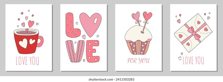 Set of cute greeting cards for Valentine's Day. Vector postcards with declaration of love on isolated background. Valentine's day hand drawn greeting cards collection. Poster Template