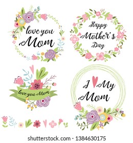 Set of cute greeting design elements for Mother's Day with floral wreath cute hand drawn flowers pink hearts banners ribbon lettering Decorative floral leave elements for design Vector illustration.