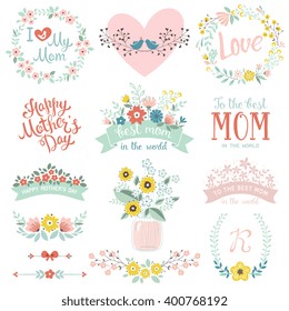 A set of cute greeting design elements for Mother's Day with flowers, hearts, birds, banners, dividers, Mason Jar and lettering. Vector illustration.