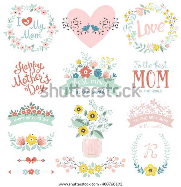 A set of cute greeting design elements for\
Mother\'s Day with flowers, hearts, birds, banners, dividers, Mason\
Jar and lettering. Vector\
illustration.