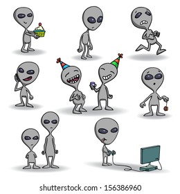 Set Of Cute Grey Alien Creatures. Isolated On White Background. Holding Cake, Running, Playing Yoyo And Videogames, Talking, Laughing, Standing Still. Cartoon. Vector Illustration.