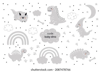 Set of cute grey baby dinosaurs in scandinavian style. Funny cartoon dinos collection for kids cards, baby shower, t-shirt, birthday invitation, house interior. Bohemian childish vector illustration