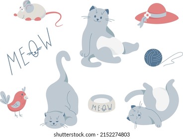 Set Of Cute Grey Cats With Design Elements Bird, Mouse, Hat. Cartoon Character. Pet Animal Collection