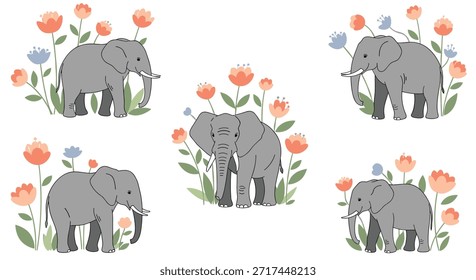 Set of cute grey elephant illustrations standing among vibrant orange and blue wild flowers for kids art and nursery room decor.