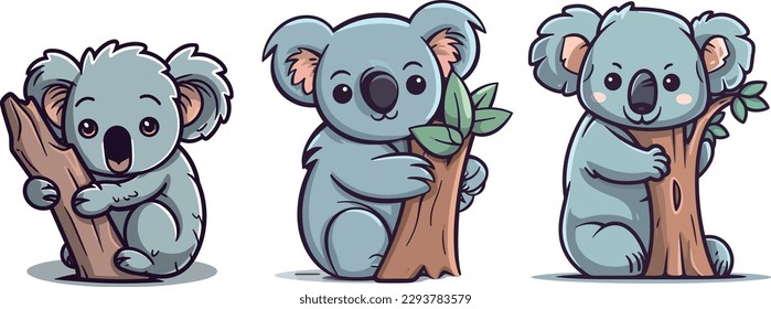 Set of cute grey koala bears sleeping in different poses cartoon animal vector illustration, isolated on white background
