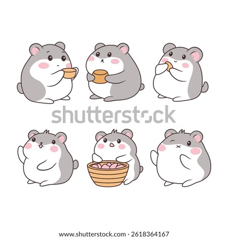 Set of Cute Grey Little Hamster Mice Mouse Animal Cartoon Character Eating Food Bread Biscuit