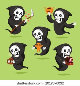 set of cute grim reaper cartoon style halloween isolated background 