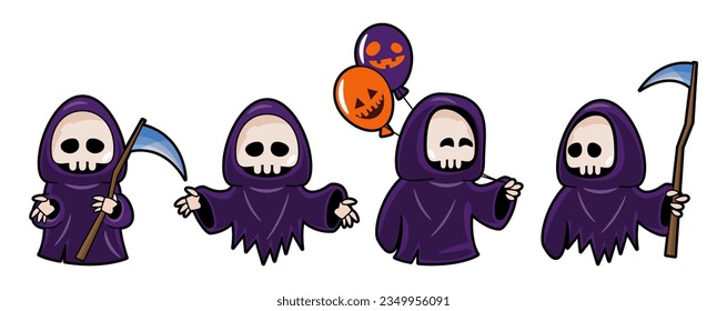 Set of cute Grim reaper cartoon characters . Halloween concept . Isolate white background . Vector .