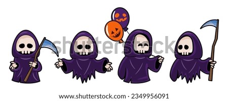 Set of cute Grim reaper cartoon characters . Halloween concept . Isolate white background . Vector .