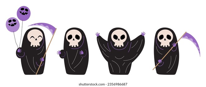 Set of cute Grim reaper . Halloween cartoon characters . Doodle drawing style . Vector.