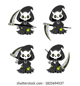 Set of cute Grim Reaper with scythe, kawaii mascot cartoon character use for halloween co ncept vector illustration