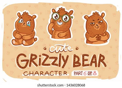 Set of cute Grizzly Bear characters with different emotions: sad, crying, funny nerd, planning something naughty. Part 6 of 8. Hand drawn doodle illustration for web, stickers, emoji, emoticons.