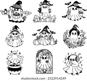 Set of cute groovy bougie ghost for product design, coloring page, sticker and so on. Vector illlustration.