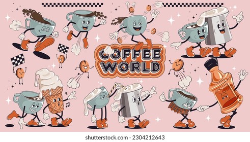 Set of cute groovy characters and elements for poster of sticker design. Retro character, hippie 70s style, coffee mascots, espresso, cappuccino, irish. Vintage vector set	