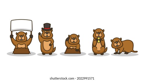 Set of cute Groundhog mascot groundhog day