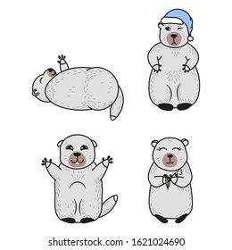 set of cute groundhogs, cartoon drawing wild animals, editable vector illustration for stickers, prints, kids decoration