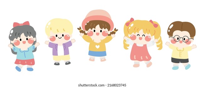 Set of cute group of children jumping on white background.Kid character cartoon design.Cheerful.School.Isolated.Kawaii.Vector.Illustration.