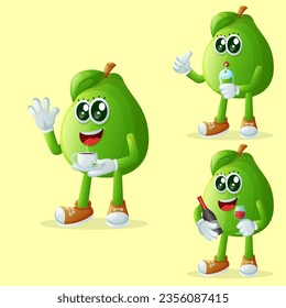 Set of cute guava characters enjoying beverages. Perfect for kids, merchandise and sticker, banner promotion or blog
