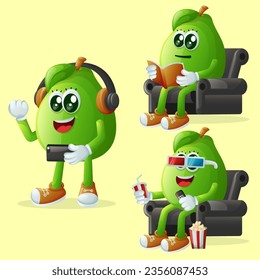 Set of cute guava characters enjoying leisure activities. Perfect for kids, merchandise and sticker, banner promotion or blog
