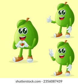 Set of cute guava characters making playful hand signs. Perfect for kids, merchandise and sticker, banner promotion or blog
