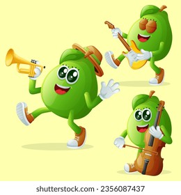 Set of cute guava characters playing musical instruments. Perfect for kids, merchandise and sticker
