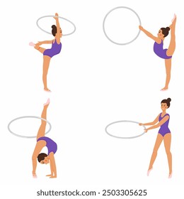 set with cute cute gymnast girls. illustration on the theme of rhythmic gymnastics. Sports competitions.