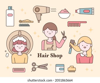 Set of cute hair salon characters and hairdressing tools icons. flat design style vector illustration.