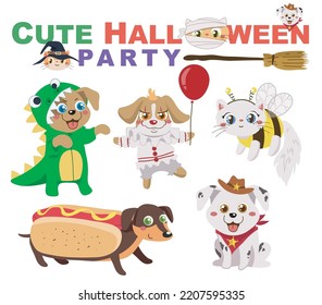 Set of cute Halloween animals on white background for kids fashion artworks, children books, birthday invitations, greeting cards, posters. Fantasy cartoon vector illustration.