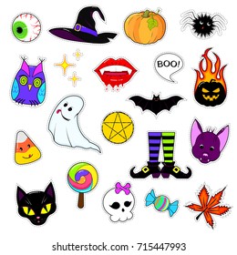 A set of cute Halloween attributes. Halloween stickers design. patch icons pumpkin, hat, reduced, bat, black cat and other holiday elements isolated on white background