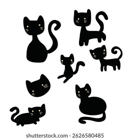 Set of cute Halloween black cat doodles with yellow eyes sitting, stretching, relaxing. Silhouette kitten shapes isolated on white background. High quality vector, EPS 10.