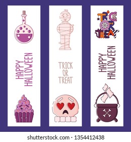 Set of cute Halloween bookmarks, flyers or greeting cards templates with potion flask, cupcake, mummy, skull, cauldron, lettering and text samples. Flat linear style illustration. Vector.