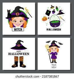 Set of cute halloween card template with witch cartoon character for birthday cards, invitations, tags, party decoration vector