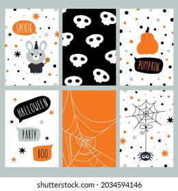 A set of cute Halloween cards in a modern style. Vector cards for kids