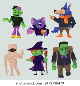 A set of cute halloween cartoon character design, suitable for print and digital purpose