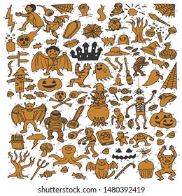 Set of cute halloween cartoon, doodle, hand drawn