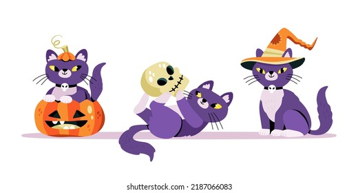 Set of cute halloween cats. Looking out of the pumpkin, playing with a skull, wearing a witch hat. Expressive animal characters. Flat hand-drawn cartoon vector illustration