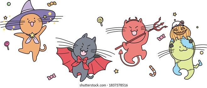 Set Of Cute Halloween Cats Vectors  Jumping Cats Dressed With Halloween Cpstume.Cat With Witch Hat, Cat With Vampire Costume And Devil Costume. 