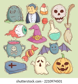 set of cute halloween character cartoon with doodle style
