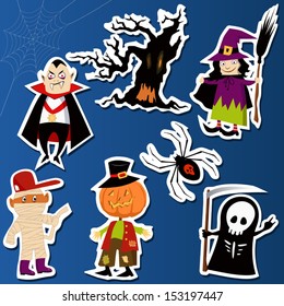 Set of cute Halloween character stickers with witch, scarecrow, Dracula, haunted tree, grim reaper, spider and mummy 