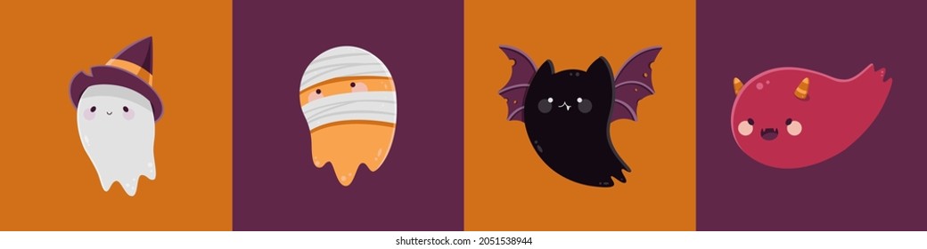 Set of Cute Halloween Characters Design. Adorable Ghosts Concept. Including Witch, Mummy, Bat and Devil Costume in Simple Colors and Flat Design. Vector. Illustration.