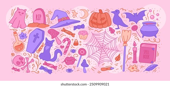 Set of cute Halloween characters and elements set. Cat baby ghosts for Halloween party. Kawaii pumpkin. October 31 kids illustrations. Stock vector illustration in cartoon outline style.