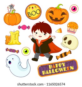 Set of cute Halloween characters and ornaments - boy in vampire costume, ghost, candy, skull, pumpkin, candle, cake, sticker with inscription boo, Happy Halloween. EPS8