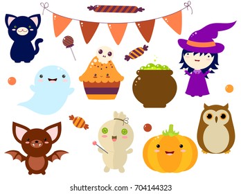 Set of cute Halloween characters and ornaments - witch, black cat, candy, flags, pumpkin, bat, witch's pot, cake with a sugar skull, owl, ghost, voodoo doll. EPS8