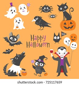 Set of cute Halloween characters.  Pumpkin, ghosts, bats, black cat, raven, spiders, vampire, skin-walker and owl isolated on orange background.