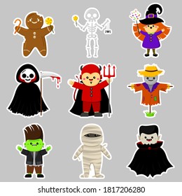 Set of cute Halloween characters stickers. Vector. Cartoon style. Kawaii. Festive symbols, costumes. Trick or treat. Funny illustration. For postcards, posters, flyers. Isolated on gray background.