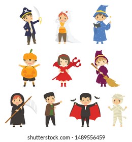 set of cute Halloween characters vector. Happy kids in Halloween costume vector set