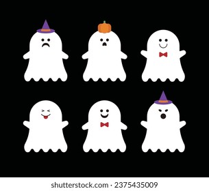 A set of cute Halloween concept ghost character illustrations. The ghost has various facial expressions and has a hat and pumpkin.